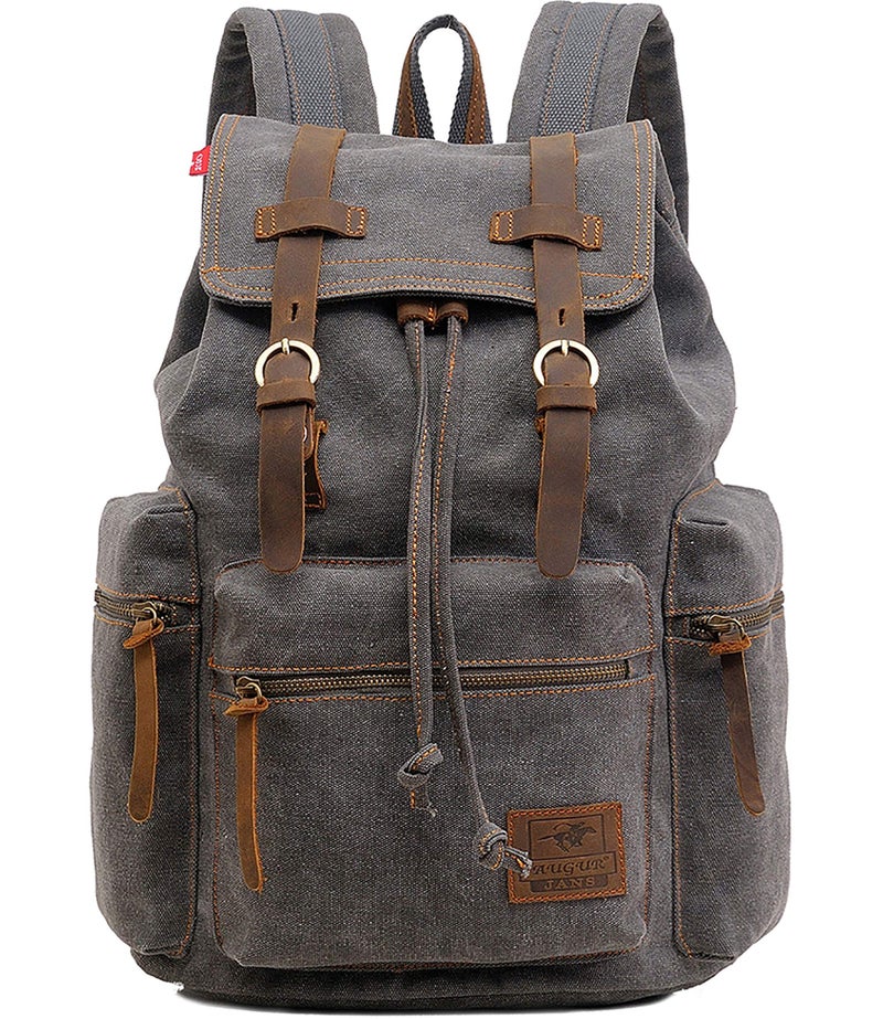 HuaChen Vintage Canvas Backpack with Leather Accents â€“ Durable Travel Rucksack for Hiking, Camping, and Everyday Use â€“ Men and Women M32-Gray-L - Image 1